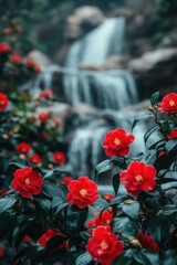 Obraz premium Flowing waterfall surrounded by vibrant red flowers in a serene nature landscape