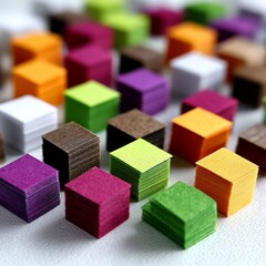 Colorful Paper Cubes: A Vibrant Stack of Textured Notes and Creative Supplies on a White Surface
