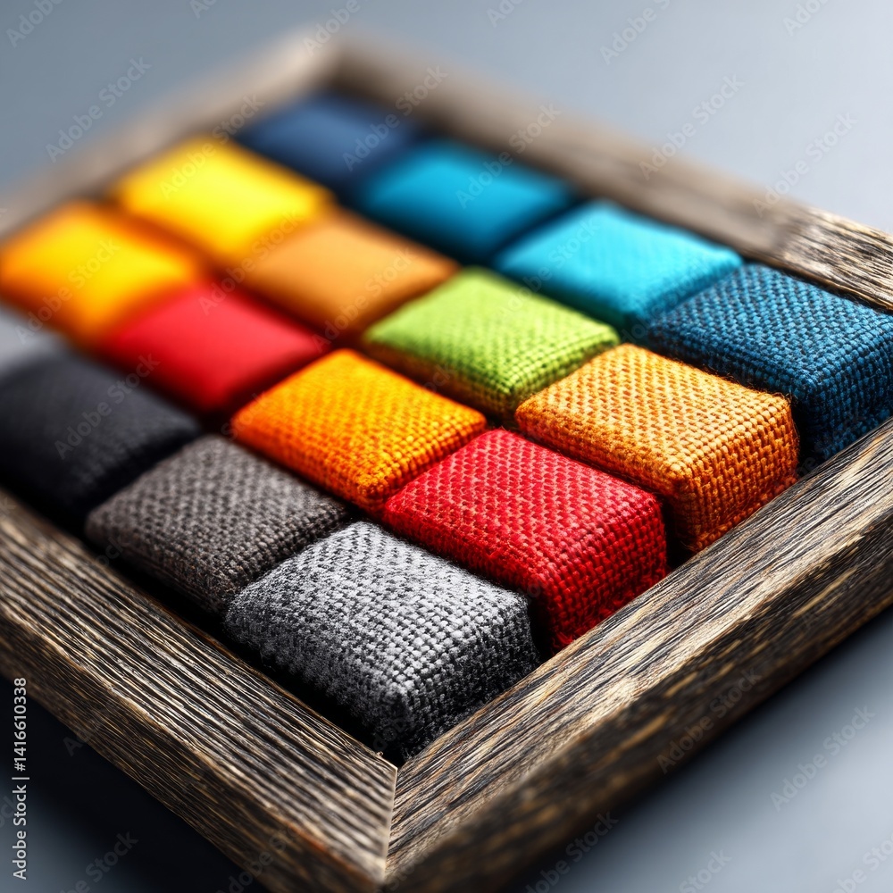 Poster Colorful Textile Squares in Wooden Frame: A Vibrant Array of Texture and Design