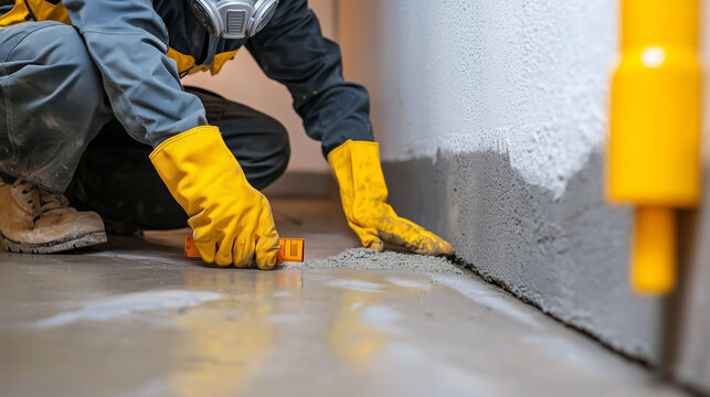 Worker sealing foundation cracks indoors as part of radon mitigation or basement waterproofing