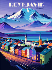 Reykjavik, Iceland travel destination poster in retro style. Colorful vector art illustration