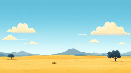 Obraz premium Pixelated desert scene under a clear sky with sparse trees and rolling hills offers a retro game environment for digital art projects