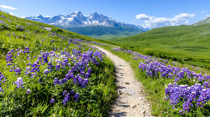 Hiking trail in wildflower meadow with mountain view