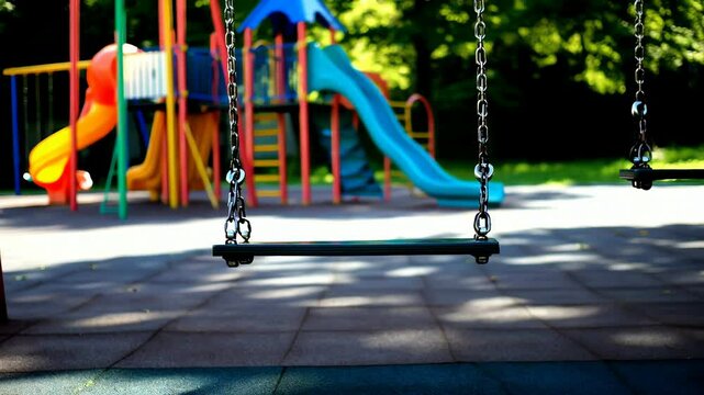 A view of empty black swing seats hanging by chains in the foreground of a colorful, sunlit playground with slides and climbing structures, suggesting a quiet or unoccupied recreational area