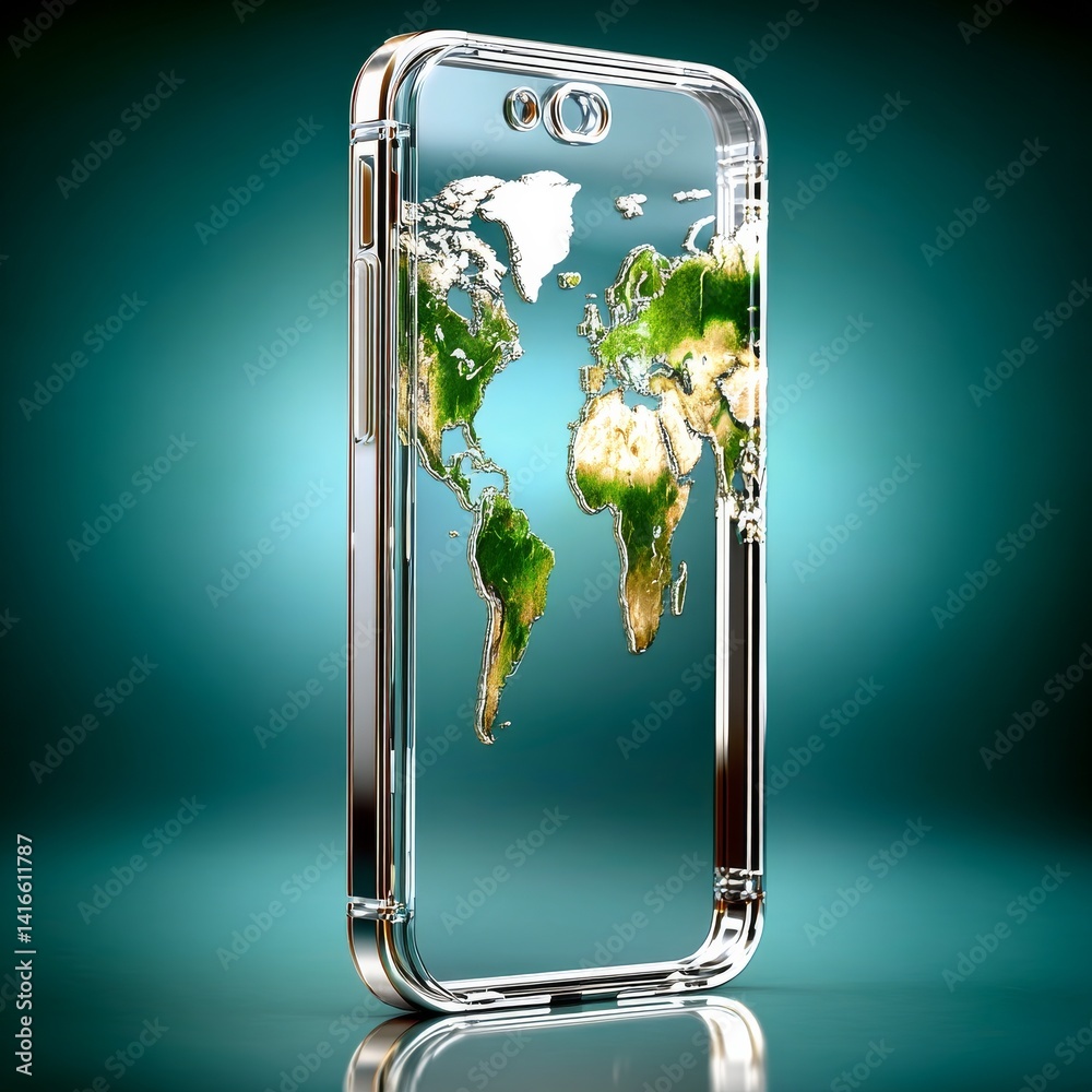 Aufkleber global reach: a smartphone with the world map on its screen, connecting the world through technology