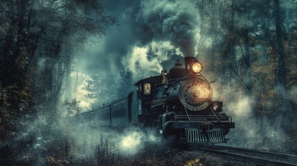 A vintage steam train moves through a misty, autumnal forest at night.