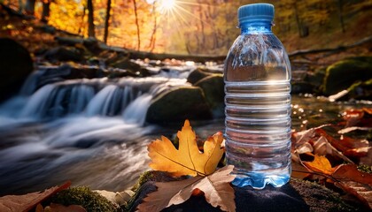 Obraz premium waterfall in autumn forest with pastic water bottle