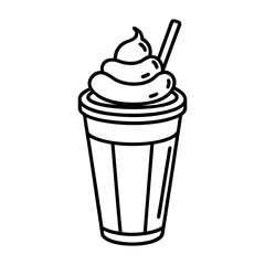 Chocolate shake cup with whipped cream and straw line art vector illustration isolated on white.