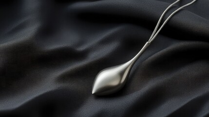 Fototapeta premium Modern jewelry still life with silver pendant on dark satin emphasizing simplicity and style