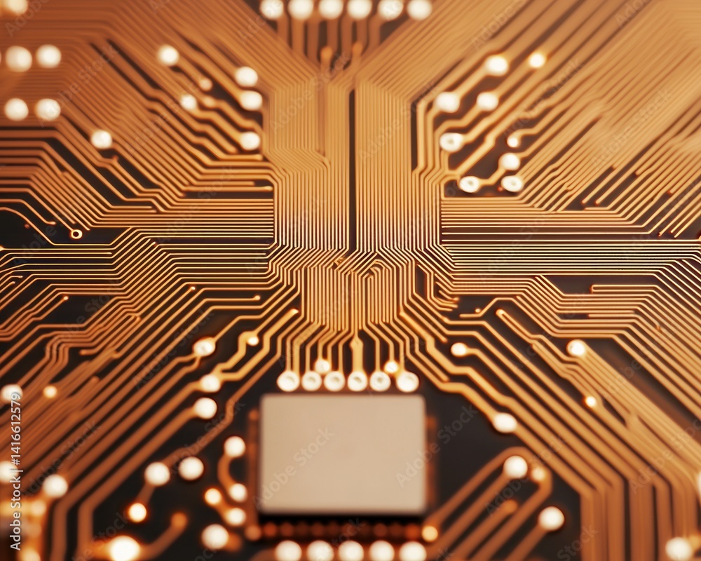 Poster An abstract close-up shows intricate copper circuit board patterns with its complex connections, representing high technology and modern enginee design today.