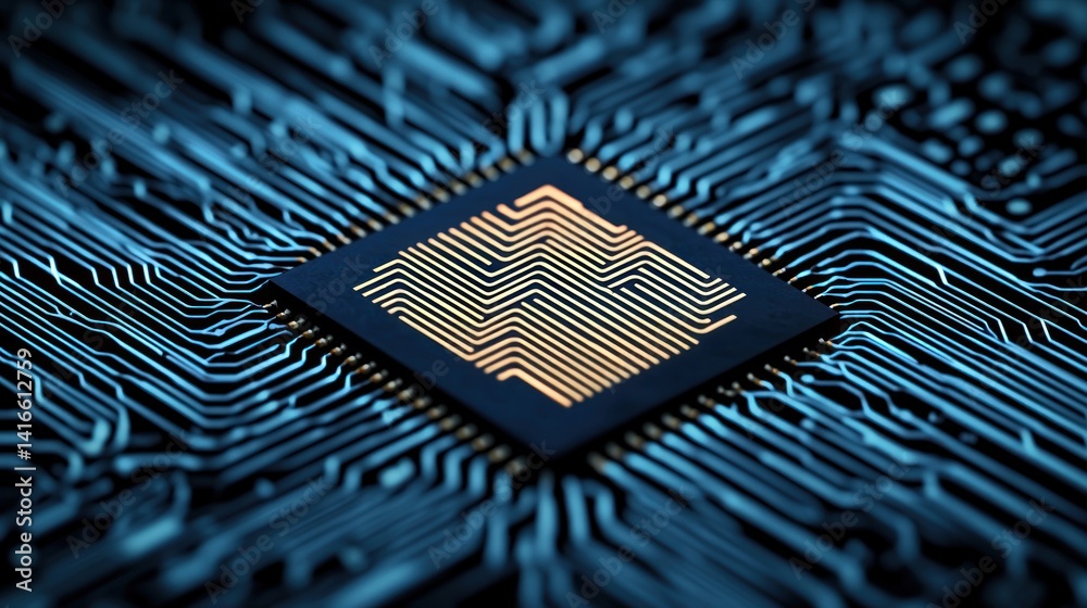 Poster A detailed close-up shows the intricate pathways of a microchip circuit board, illuminating the complex technological innovation behind modern electronics.