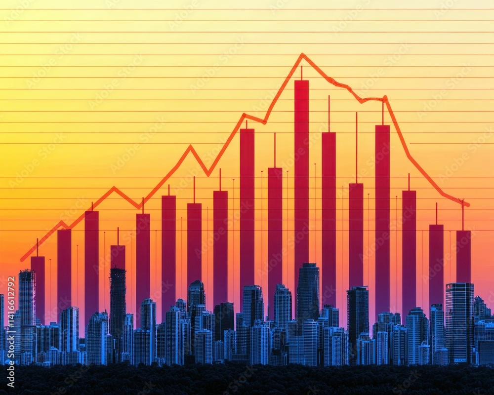 Aufkleber A vibrant city skyline is overlaid with a financial graph showing fluctuations in the market, creating a visual representation of economic trends and growth patterns.