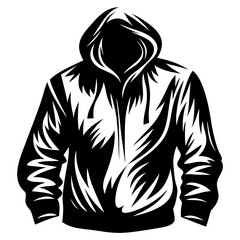 Black and white vector illustration of a hooded sweatshirt with abstract design