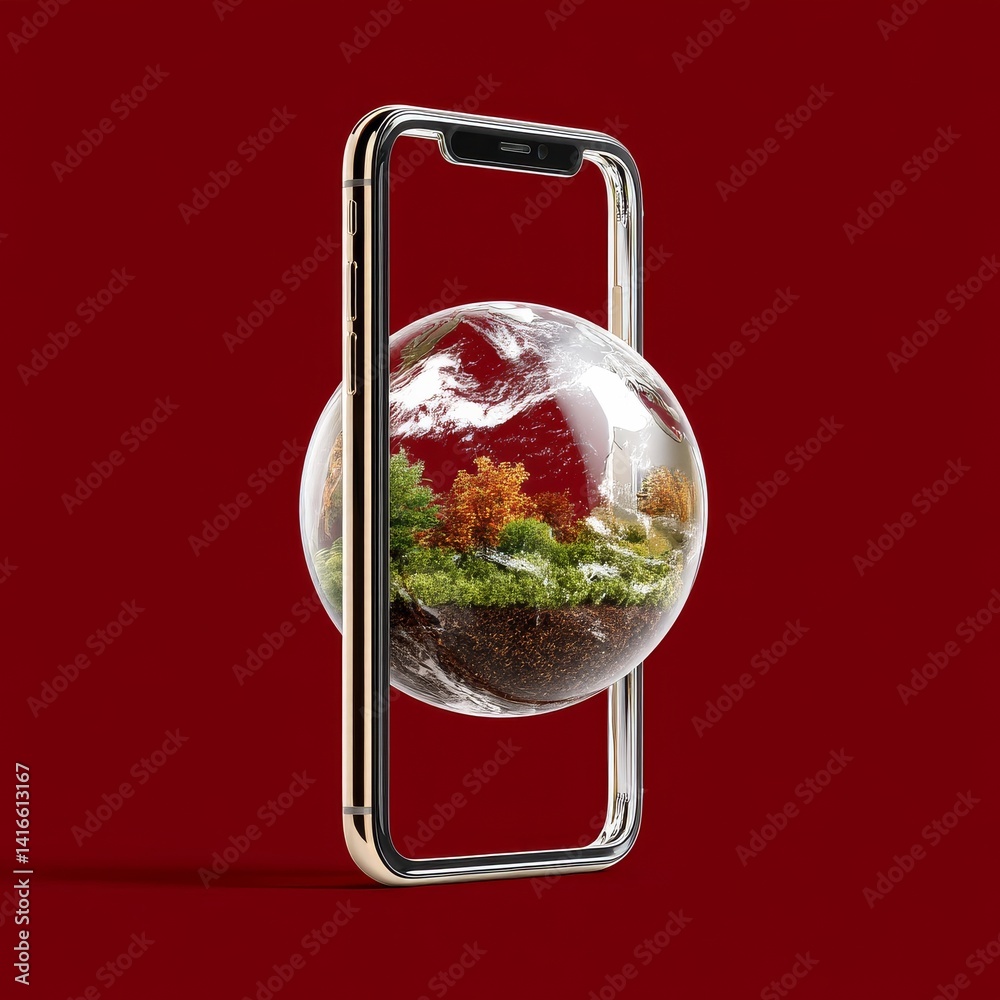 Poster Nature's Realm in a Mobile World: A Globe of Greenery Encased Within a Sleek Smartphone Frame on a Crimson Backdrop