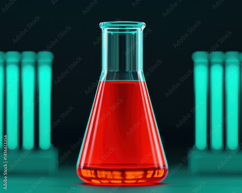 Poster A conical flask filled with a red liquid sits against a backdrop of soft illumination in a modern laboratory setting, highlighting scientific precision and focus.