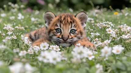 Captivating Close-Up of a Baby Tiger Cub Surrounded by Delicate White Flowers Amidst Greenery in a Meadow in Springtime