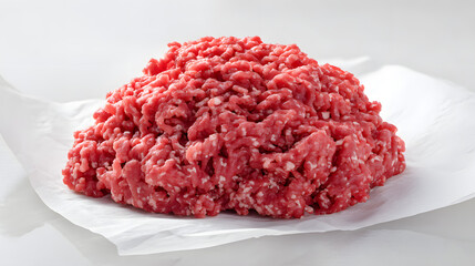 Fresh Premium Ground Beef on White Paper Ready for Cooking or Food Preparation in Modern Kitchen Setting