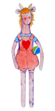 Watercolor baby hors in red and blue outfit, holding ball. Foal tilda doll, hand drawn png illustration with transparent background. Nursery poster, print, artwork