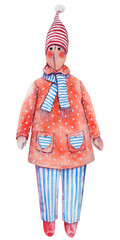 Fototapeta premium Watercolor winter gnome in red sweater, white-blue striped pants and scarf. Gnomie tilda doll, hand drawn png illustration with transparent background. Nursery poster, print, artwork
