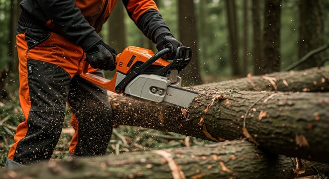 Logger using chainsaw to cut tree logs in a forest  