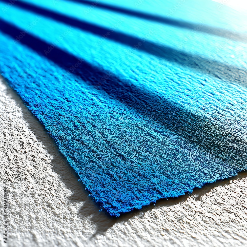 Poster textured blue paper on white surface: abstract macro photography with shadow and light play