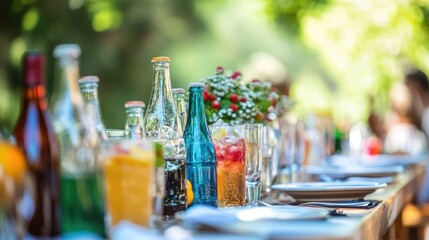Summer celebration table packed with fizzy sodas, fruity spritzers, and ice-cold drinks on a bright day
