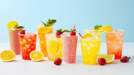 Summer drink spread with citrus coolers, strawberry lemonades, and tropical mocktails served in playful cups