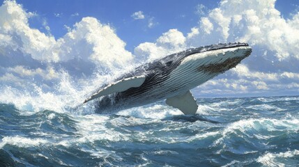Obraz premium Spectacular breaching humpback whale leaping from the ocean's surface with dramatic cloud formations enhancing the scene in a tropical seascape