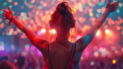 Party girl having fun on Festival, People on music festival in the summer, back view, at party with dj, summer nightlife, disco club outside, fun youth, entertainment festive concept