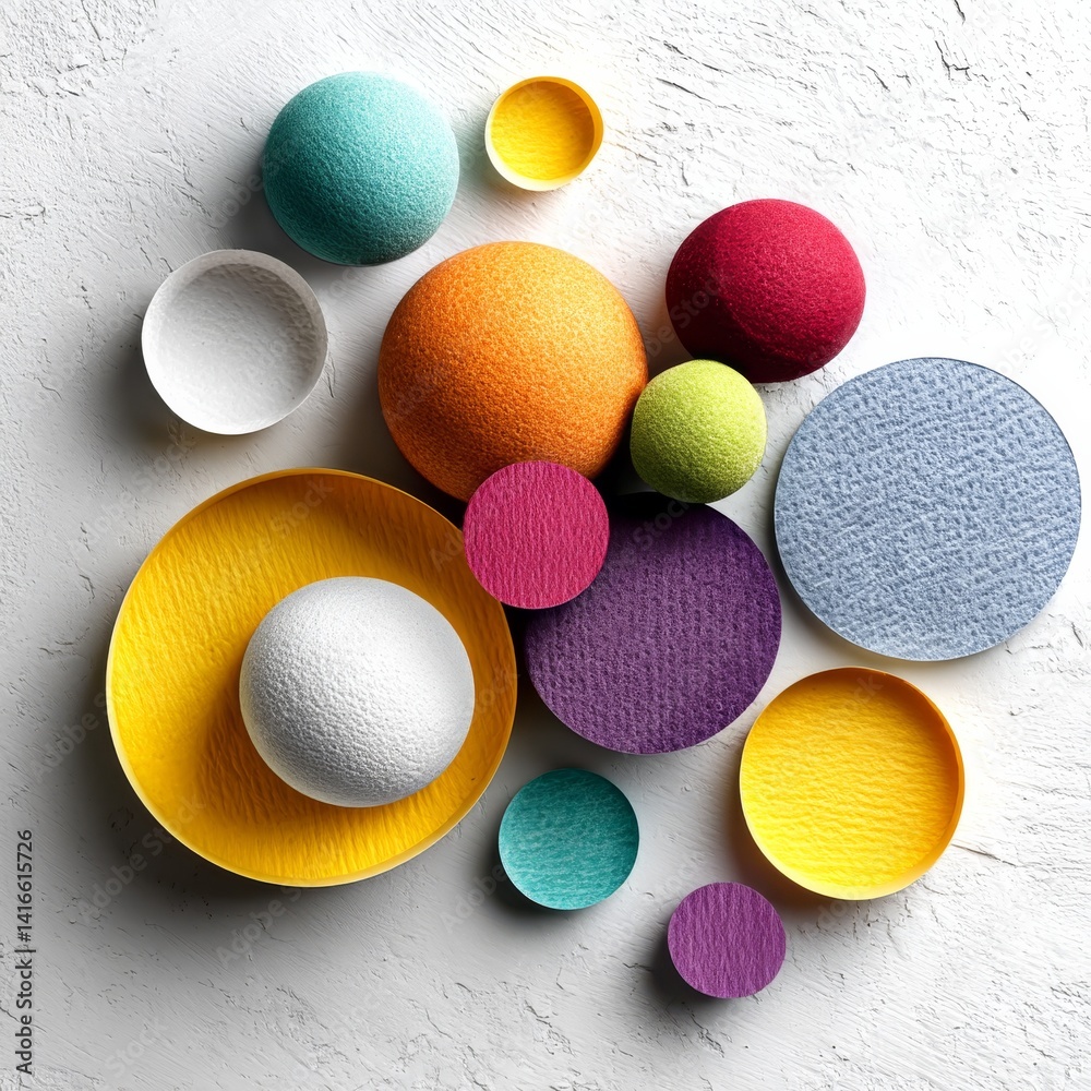 Poster textured spheres and discs on plaster: an abstract composition of colors and tactile surfaces