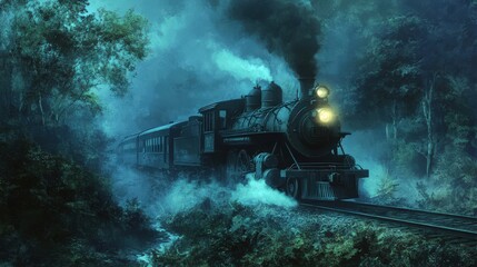 Fototapeta premium A vintage steam train journeys through a misty, shadowy forest at night.
