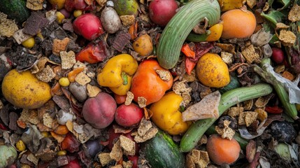 Closeup food waste pile colorful fruits vegetables composting