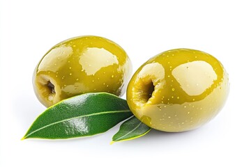 Two glossy green olives with fresh leaves
