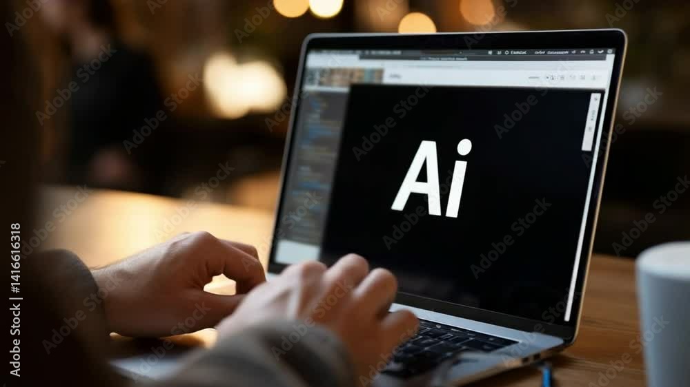 Poster man working remotely on a laptop computer, the screen showing text 