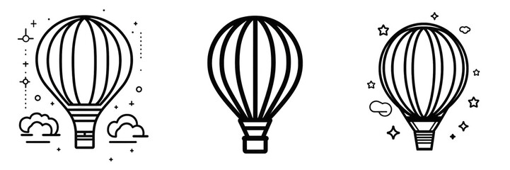 Fototapeta premium A series of stylized hot air balloons floating in a clear sky, surrounded by whimsical elements, perfect for travel and adventure themes isolated on white or transparent png