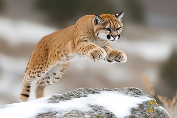 Obraz premium Cougar Leaping From Snowy Rock in Winter Wildlife Action Shot
