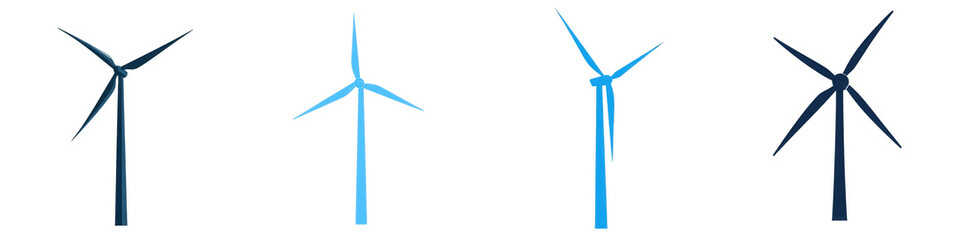 A series of wind turbines rotating in a clear blue sky, showcasing renewable energy production with a scenic landscape in the background isolated on white or transparent png