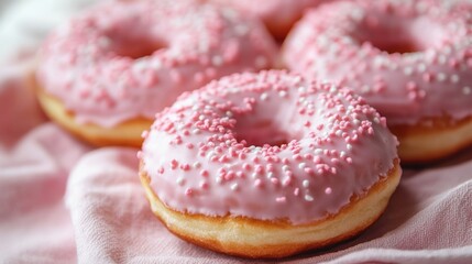 Closeup light pink sprinkled donuts