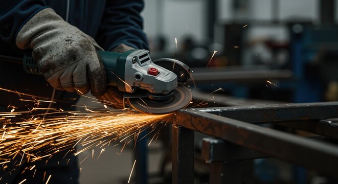 Worker using angle grinder creating sparks in metal workshop  