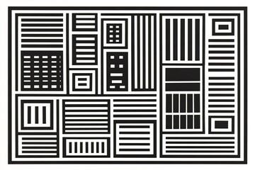 Abstract monochrome geometric pattern.  Black and white lines create varied shapes and textures