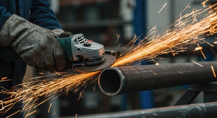 Worker grinding metal pipe with sparks flying in industrial setting  