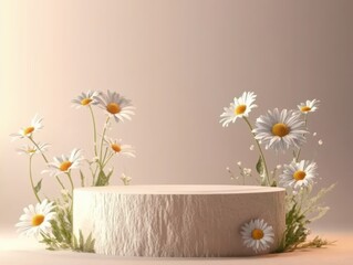 3D podium model with daisies floating around, minimalist beige background, hyperrealistic, for product display