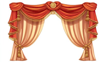 Elegant stage curtains, rich orange and beige, adorned with gold tassels and detailing