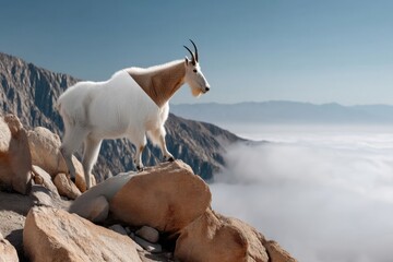 Obraz premium Mountain goat standing on rocky terrain against a backdrop of clouds and mountains during clear weather
