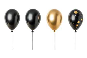A row of four balloons in black and gold colors against a plain dark background in a studio shot