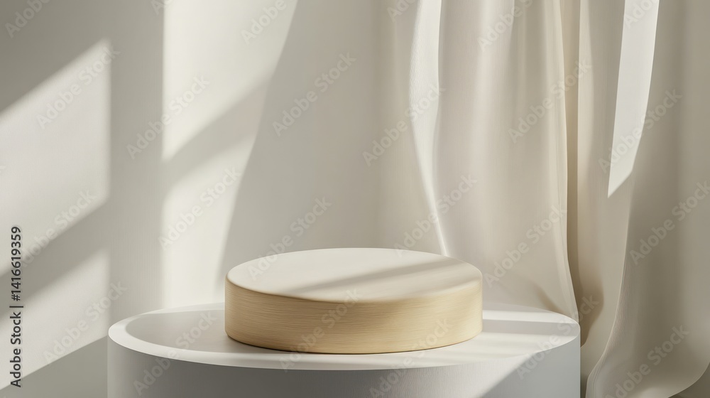 Poster minimalist presentation backdrop featuring a smooth round podium bathed in soft sunlight casting sha