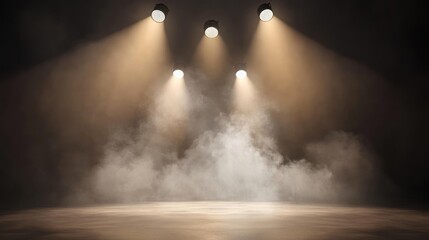 illuminating the void: an evocative stage ambiance featuring radiant spotlights piercing through ethereal smoke creating an abstract and theatrical scenery perfect for adding drama