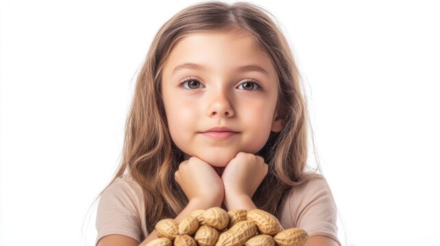 portrait of a young girl with a serene expression cautiously holding a pile of peanuts showcasing allergy awareness and the importance of food safety precautions with neutral background