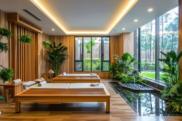 Fototapeta premium Serene spa room with wooden décor, massage beds, lush plants, and natural light