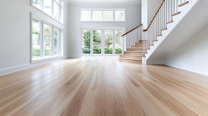 Fototapeta premium Modern interior design hardwood floors staircase abundant natural light bright spacious home